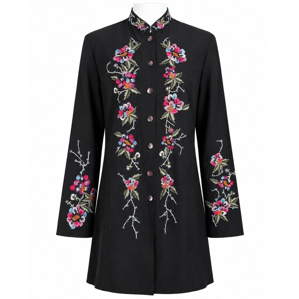 VTG Units Silk Blend Embroidered Floral Duster Jacket Coat Women M Black New NWT